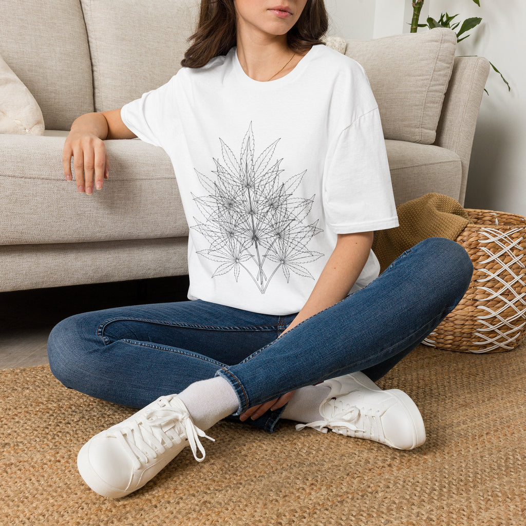 Cannabis Leaf Line Art T-Shirt — Minimal Hemp Botanical Graphic Tee
