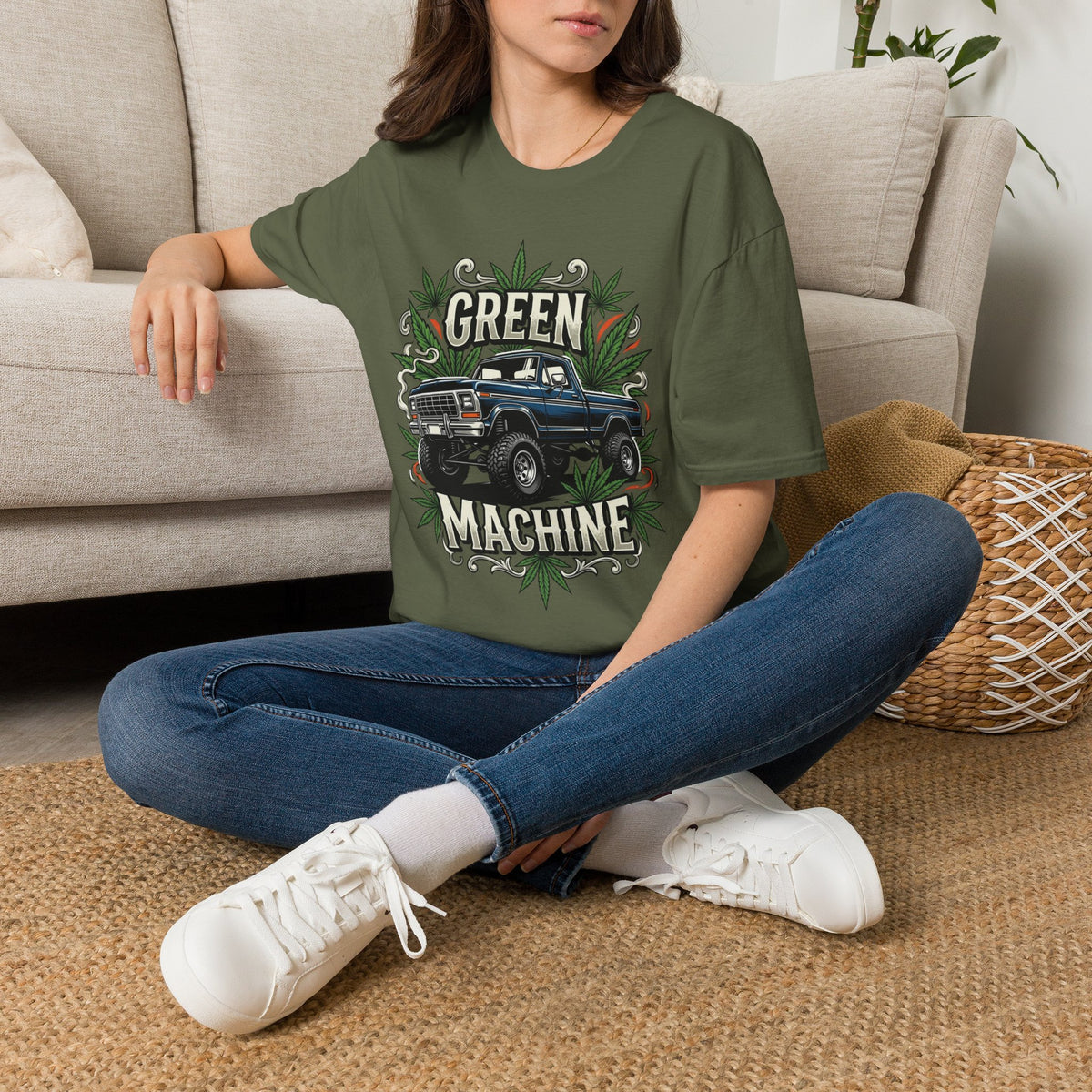Green Machine Truck T‑Shirt — Vintage Pickup with Cannabis Leaf Graphic