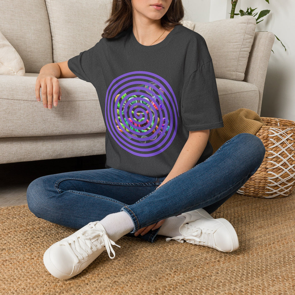 Spiral Vortex Floral T-Shirt — Purple Concentric Circle Graphic Tee