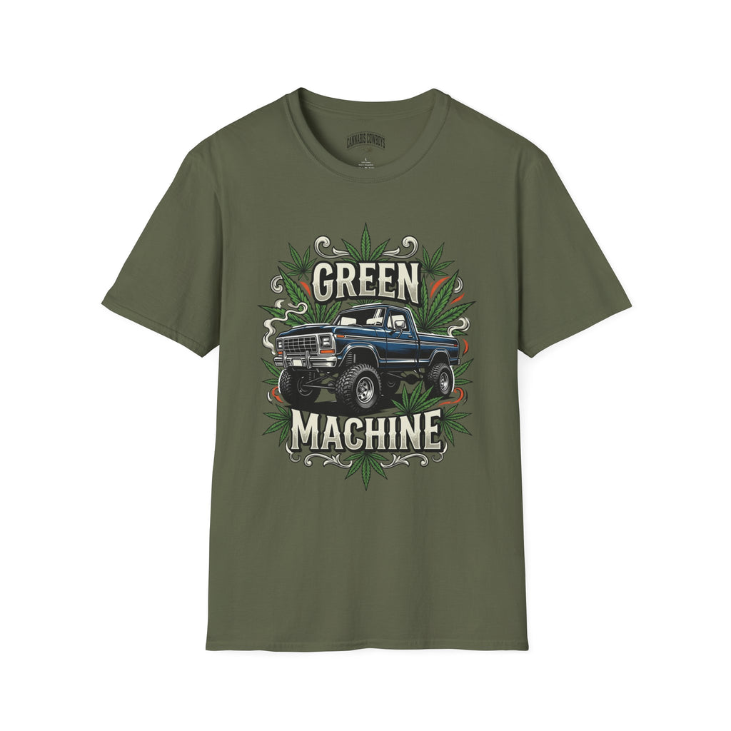 Green Machine Truck T‑Shirt — Vintage Pickup with Cannabis Leaf Graphic