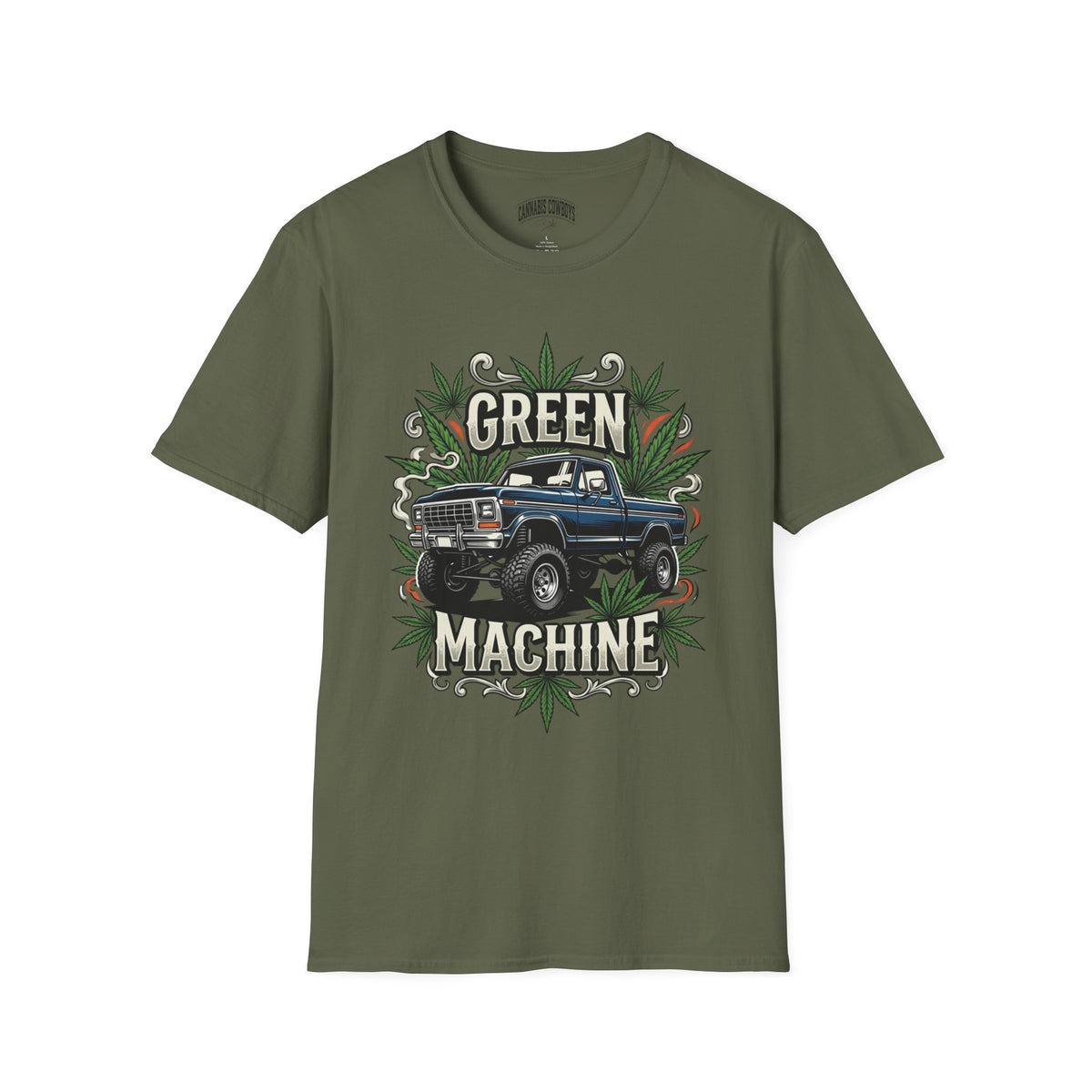 Green Machine Truck T‑Shirt — Vintage Pickup with Cannabis Leaf Graphic