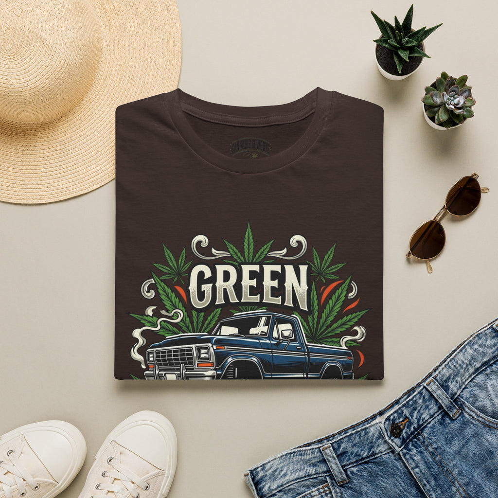 Green Machine Truck T‑Shirt — Vintage Pickup with Cannabis Leaf Graphic
