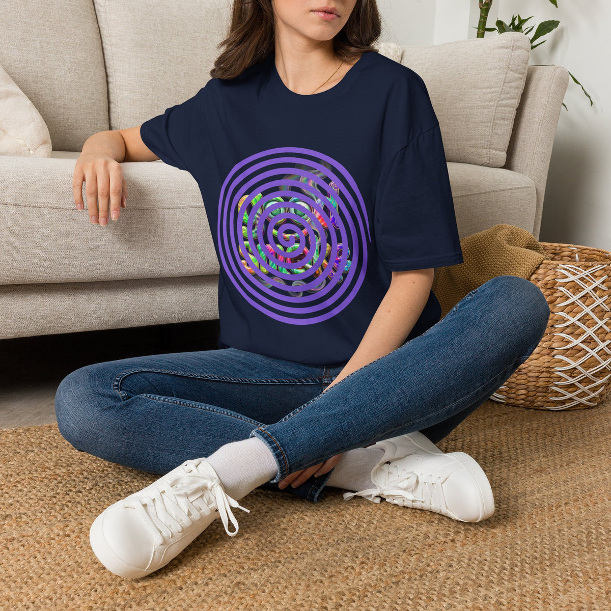 Spiral Vortex Floral T-Shirt — Purple Concentric Circle Graphic Tee