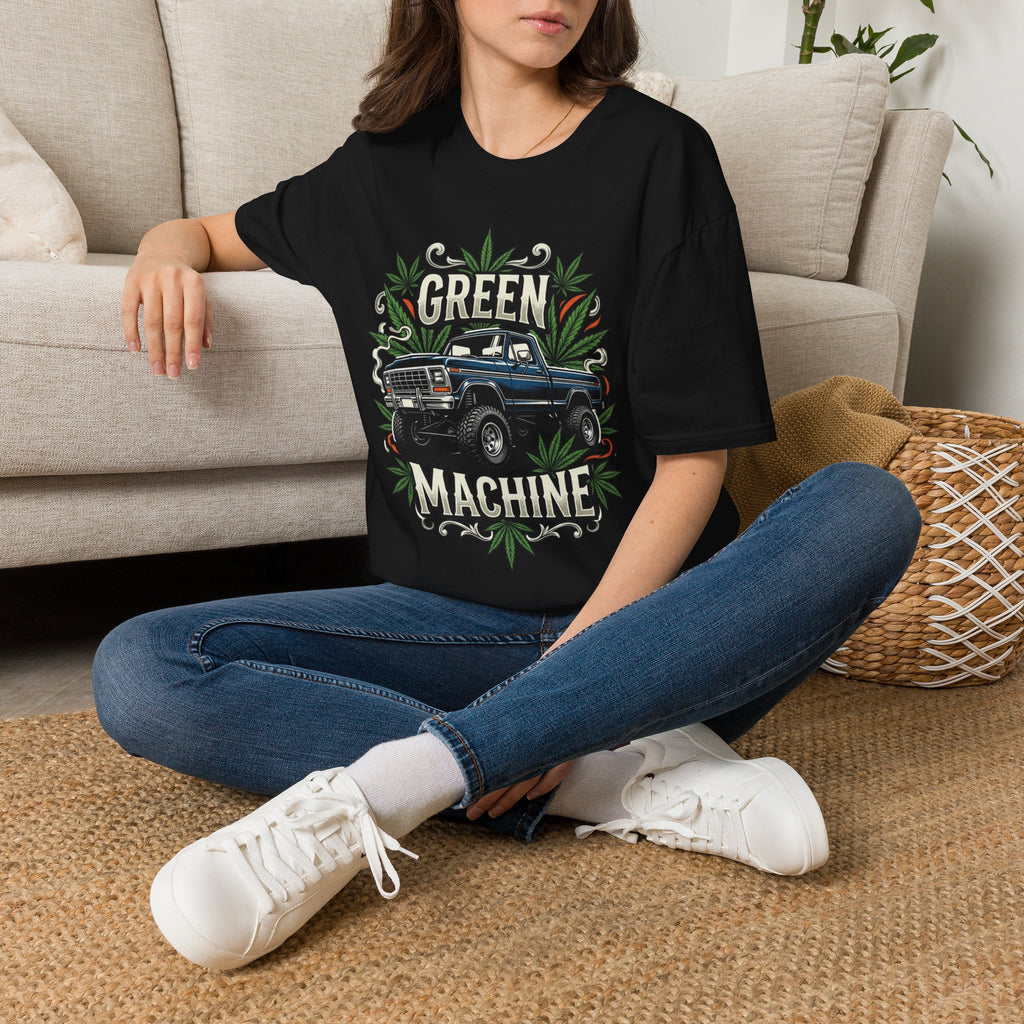 Green Machine Truck T‑Shirt — Vintage Pickup with Cannabis Leaf Graphic