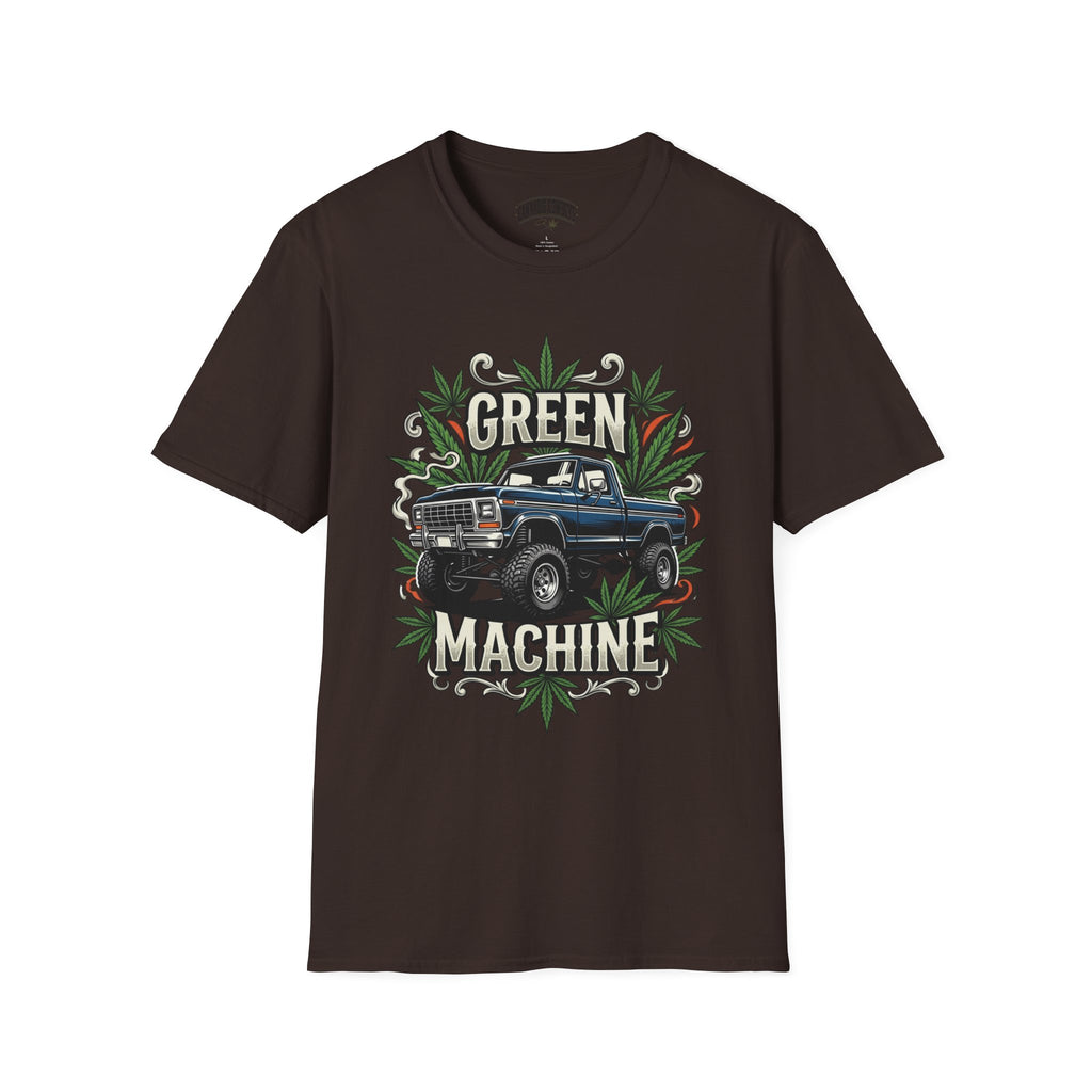 Green Machine Truck T‑Shirt — Vintage Pickup with Cannabis Leaf Graphic