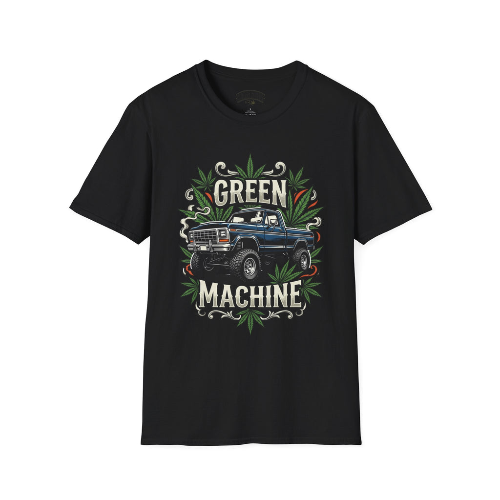 Green Machine Truck T‑Shirt — Vintage Pickup with Cannabis Leaf Graphic