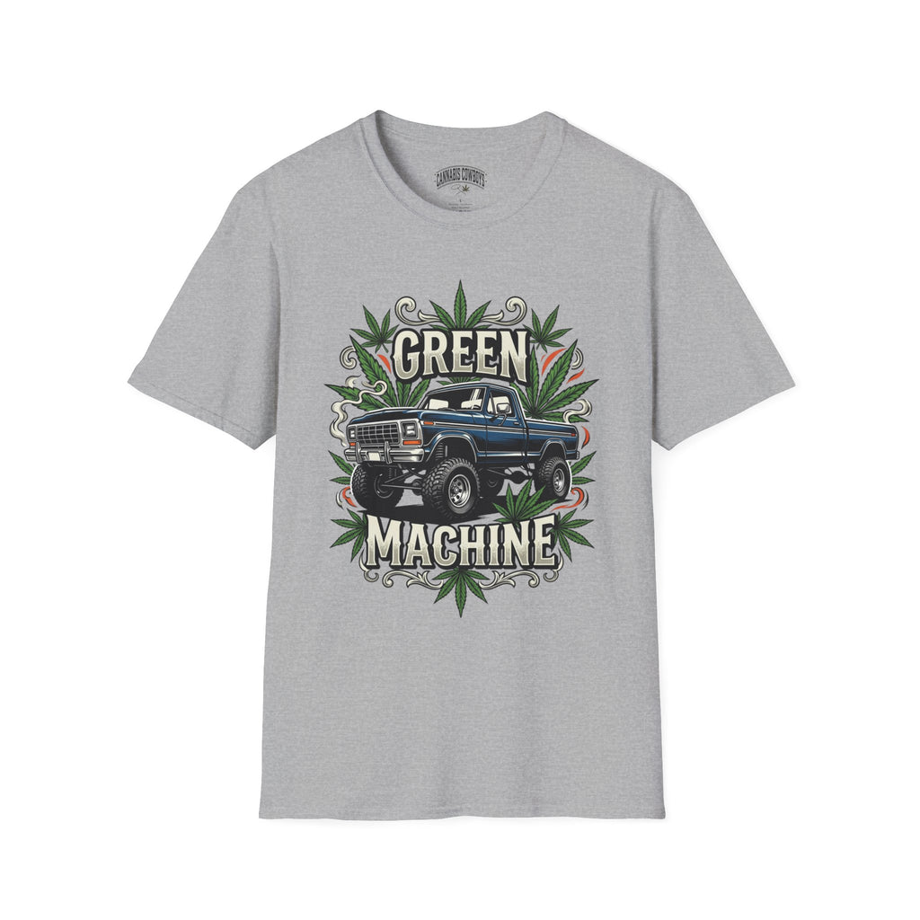 Green Machine Truck T‑Shirt — Vintage Pickup with Cannabis Leaf Graphic