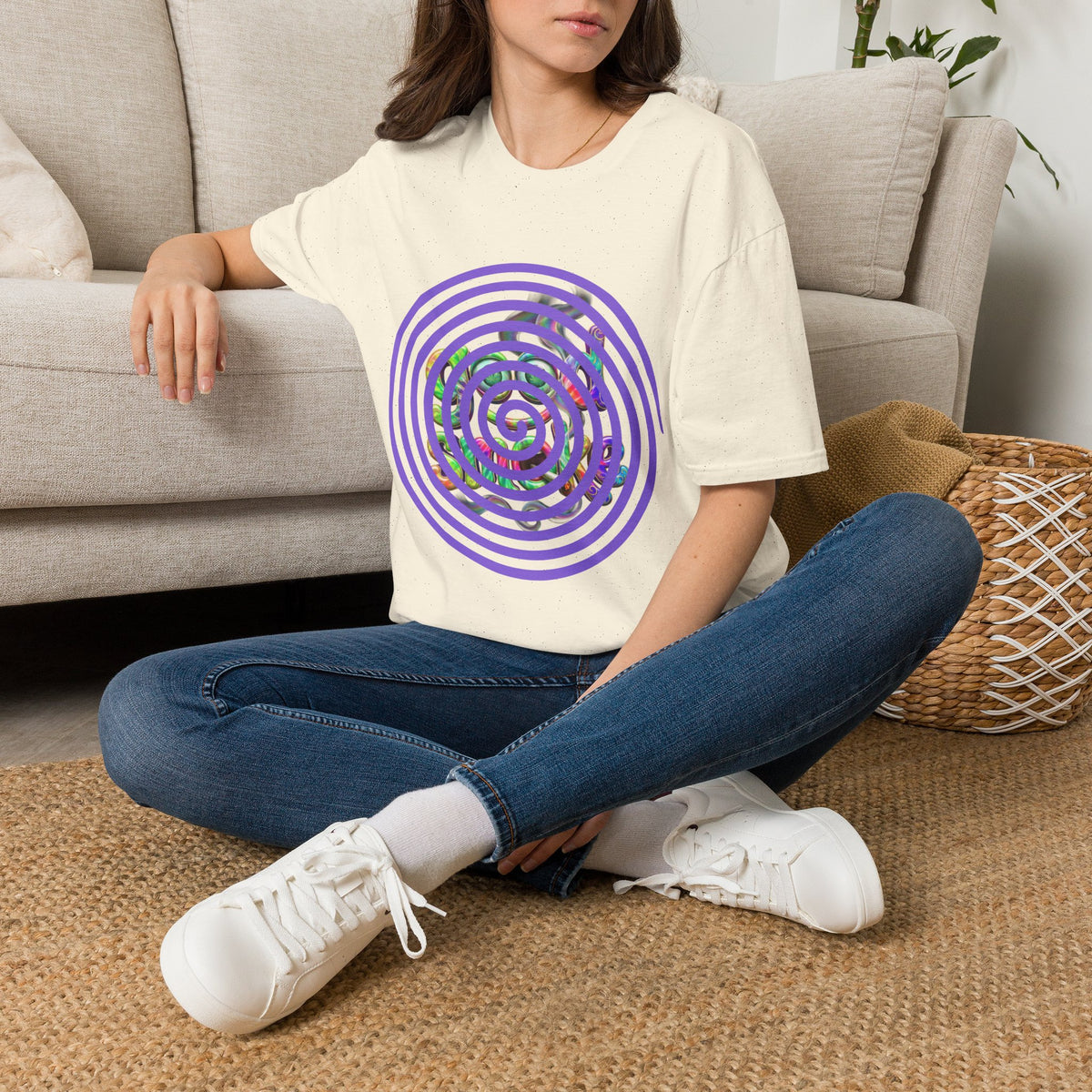 Spiral Vortex Floral T-Shirt — Purple Concentric Circle Graphic Tee
