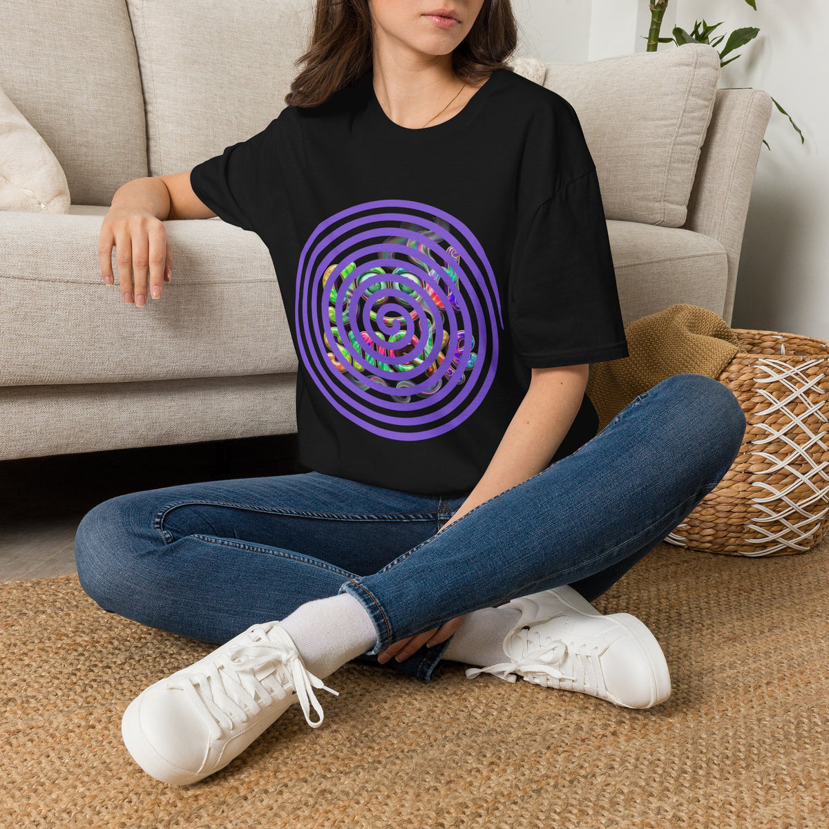 Spiral Vortex Floral T-Shirt — Purple Concentric Circle Graphic Tee